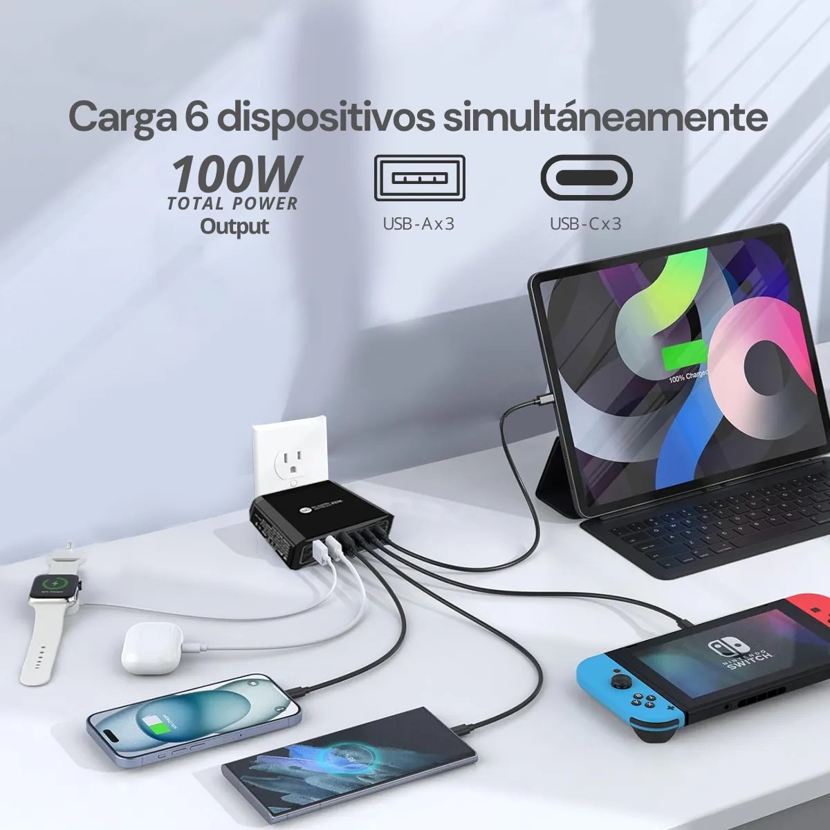 Cargador de Pared 55W con 6 Puertos Multipuerto USB-C y USB-A con Carga R&aacute;pida QC3.0 y Power Delivery image number null