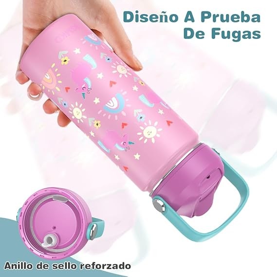 A BSMKD Botella de Agua para Ni&ntilde;os, Botella de Acero Inoxidable para Ni&ntilde;os y Ni&ntilde;as, 18oz Termo de Agua Aislada Reutilizable con 2 Pajitas, 100% A Prueba de Fugas, para Escuela (Rosa). image number null