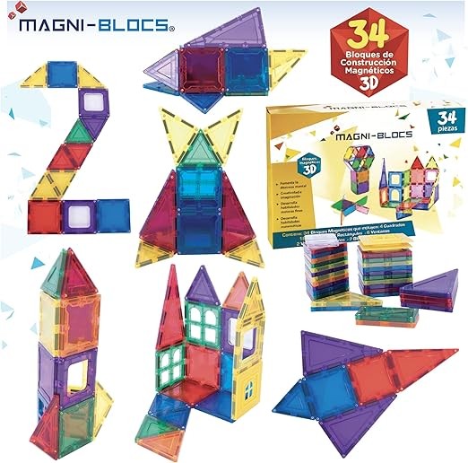 MAGNI-BLOCS Imanes Did&aacute;cticos, Set de 34 Piezas, Bloques Magn&eacute;ticos 3D, Figuras Geom&eacute;tricas Magn&eacute;ticas Educativas para Ni&ntilde;os, Rompecabezas Magn&eacute;tico en Tercera Dimensi&oacute;n. image number null