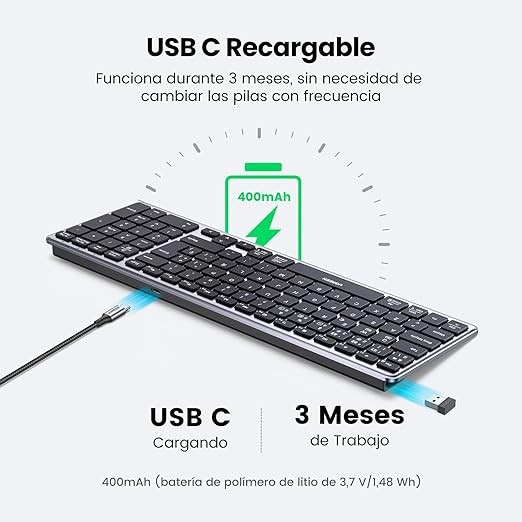 UGREEN Teclado Inal&aacute;mbrico Espa&ntilde;ol, Teclado Recargable Bluetooth & 2.4G Delgado y Compacto, Multidispositivo Bluetooth Keyboard con Cable USB-C, Compatible con macOS, iOS, Windows, Linux, Android. image number null