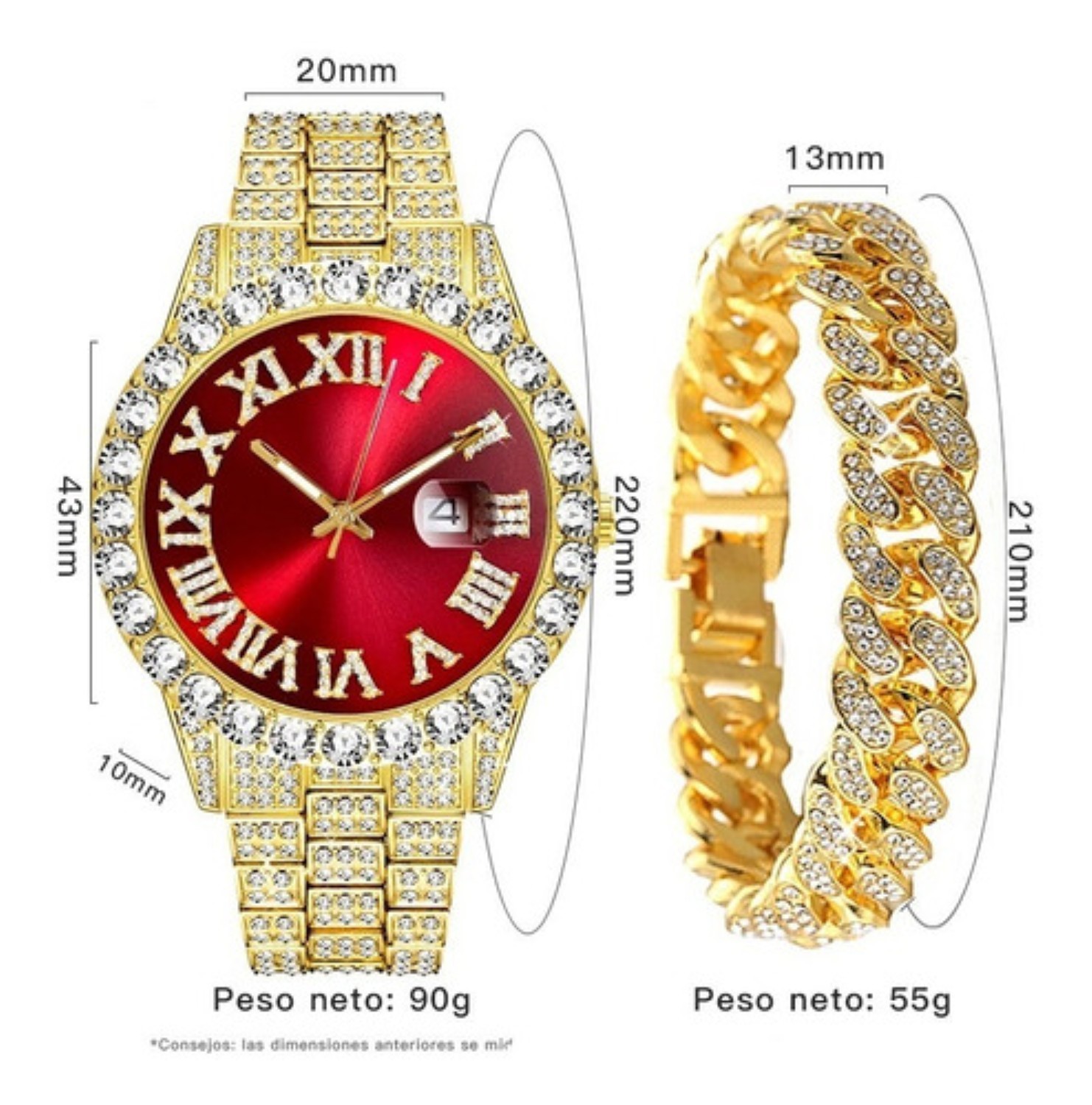 Reloj De Pulsera Unisex Con Diamantes Dorado Rojo image number null