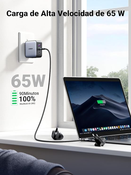 UGREEN Nexode Cargador USB C 65W, Adaptador para Viaje 3 Puertos 2 USB C y 1 USB A, Adaptador de Enchufe Universal UK/USA/EU para Phone, Celulares, Tabletas y M&aacute;s. image number null