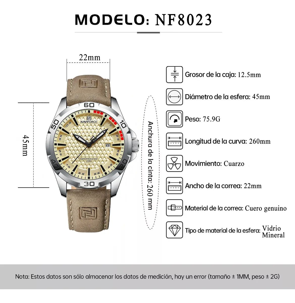 Naviforce NF8023 Reloj Casual Impermeable Correa De Cuero Hombre, Correa Caqu&iacute; Bisel Platado Fondo Amarillo image number null