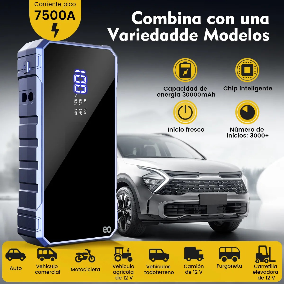 Arrancador De Bater&iacute;a 7500a Para Auto Con Led Pantalla Y Luz Led image number null