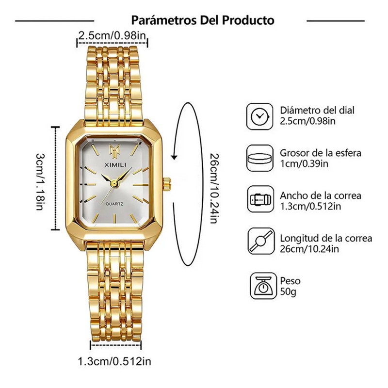 Reloj de Cuarzo para Mujer con Correa y Bisel Dorado Esfera Cuadrada Blanca image number null