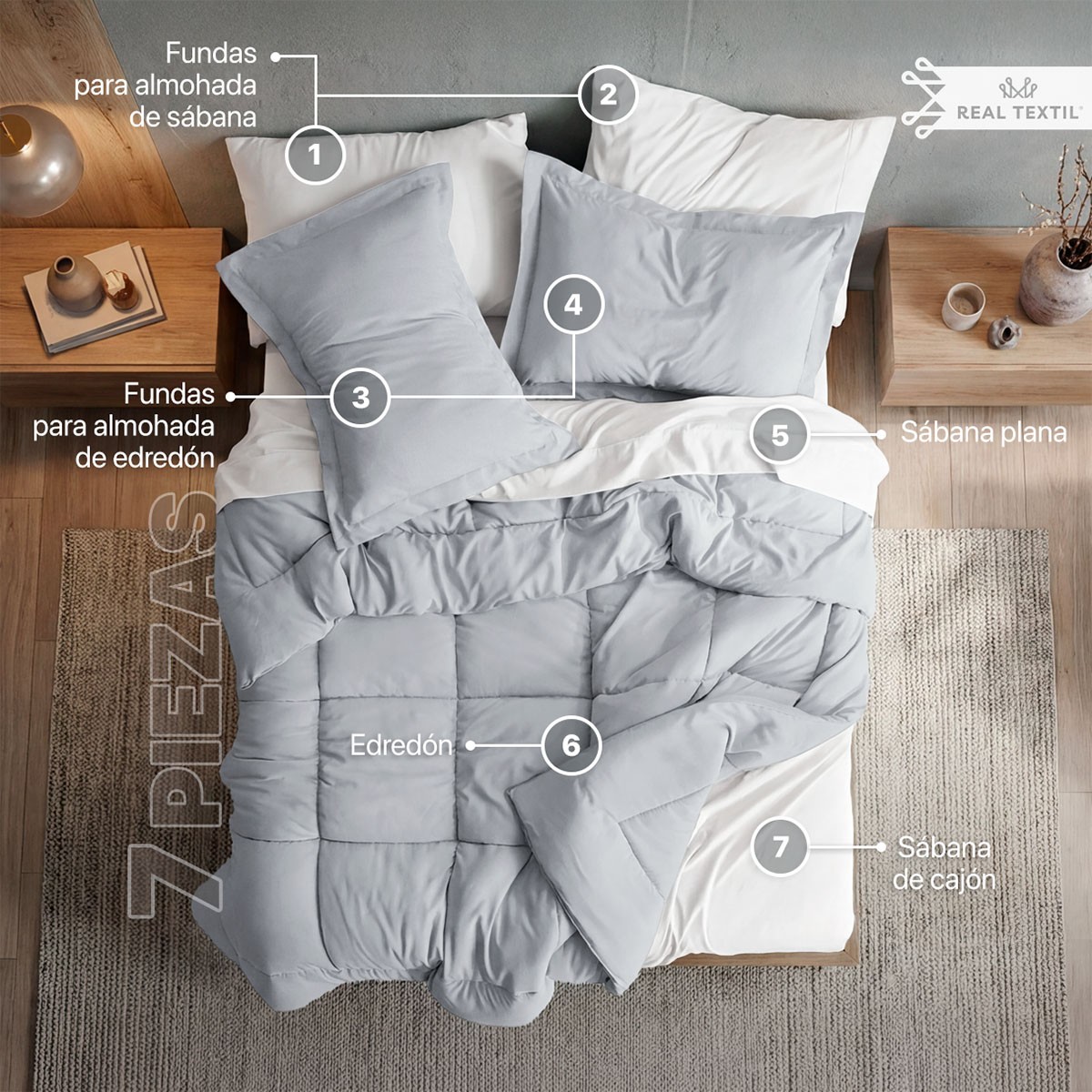 Set Edred&oacute;n Matrimonial con Fundas y S&aacute;banas 7 Pzas (Gris / Blanco) Real Textil. image number null