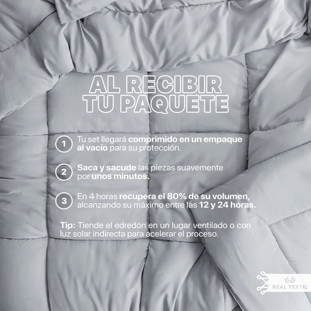 Set Edred&oacute;n Matrimonial con Fundas y S&aacute;banas 7 Pzas (Gris / Blanco) Real Textil. image number null