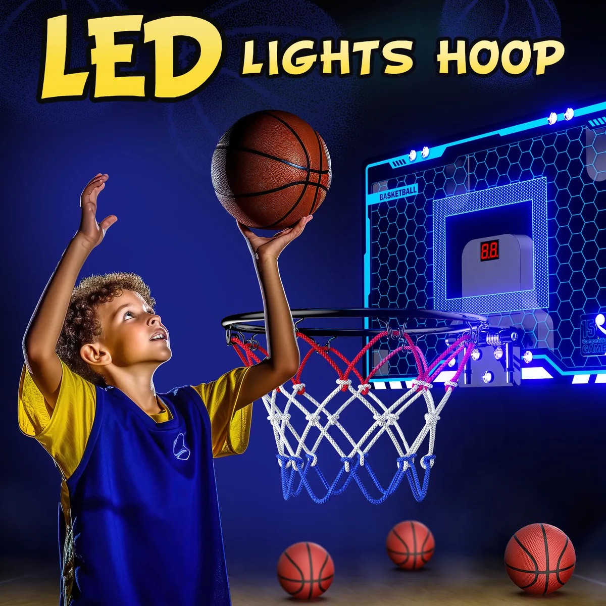 Canasta de Basquetbol Tablero de Baloncesto con Luces Led y 3 Mini Pelotas Color Azul para Ni&ntilde;os image number null