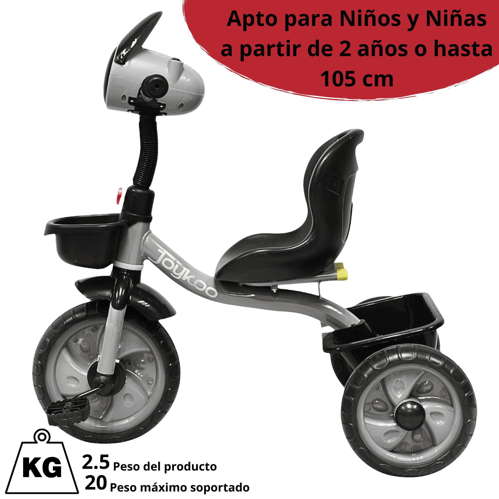 Triciclo para Ni&ntilde;os Torreta con Luz y Sonido Ruedas de Eva Apto a partir de 2 A&ntilde;os Soporta hasta 20 kg - Gris image number null