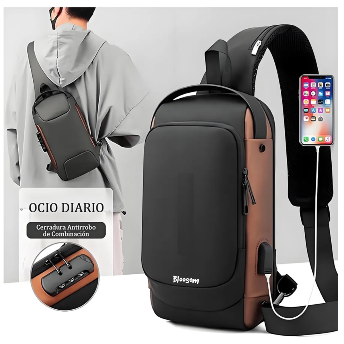 Mochila Cruzada Antirrobo Pechera Mariconera Calidad Con Usb Negro Caf&eacute; image number null