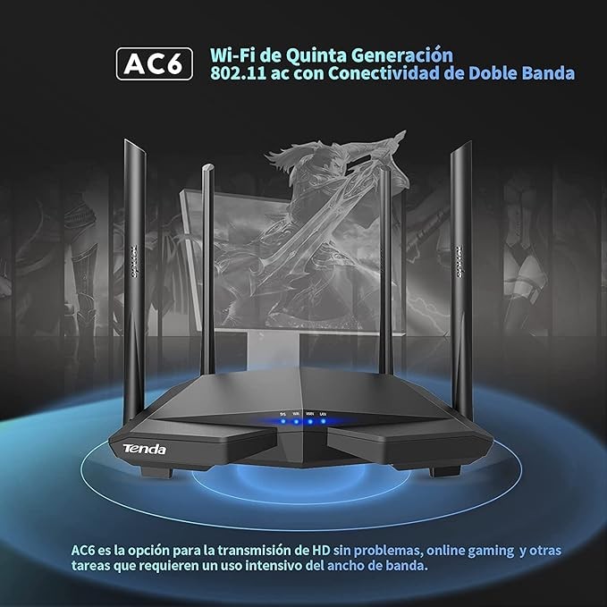 Tenda AC6 WiFi Router Inal&aacute;mbrico Inteligente, Enrutador AC1200, Doble Banda de 2.4G y 5G, 4 Antenas Externas de 5dBi, MU-MIMO, Beamforming, Ahorro de Energ&iacute;a, Configuraci&oacute;n F&aacute;cil, Negro. image number null