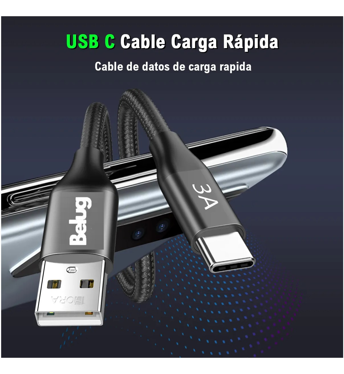 Cable de Datos USB a Tipo C Belug, 2 Metros Nailon Trenzado Negro USB 2.0 3A Cable Carga R&aacute;pid image number null