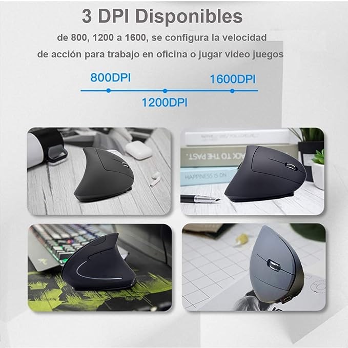 Mouse Inal&aacute;mbrico Ergon&oacute;mico Recargable, Mouse Vertical &Oacute;ptico de 2.4Ghz con 3 DPIs Ajustables, Dise&ntilde;o de 6 Botones con Receptor USB, Compatible con Sistema Windows y Mac(Negro). image number null