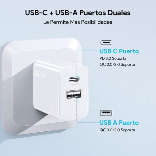 Cargador para iPhone 20W Carga R&aacute;pida Dual Salida USB C & USB Belug Blanco image number null