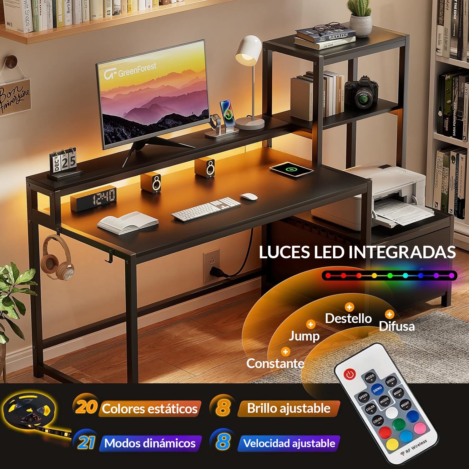 Escritorio Organizador con Estanter&iacute;a Lateral, Caj&oacute;n y Base Met&aacute;lica Negra &ndash; Bossa Zeni image number null