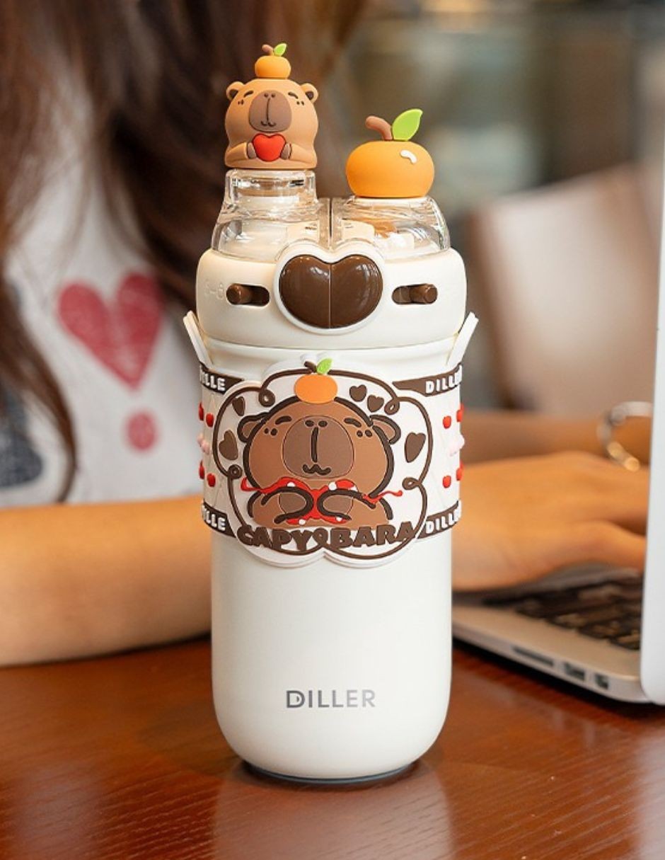 Termo de Capibara | Botella de Agua de Acero Inoxidable 520 ml | Accesorios decorativos 3D Capybara, Stickers y Correa image number null