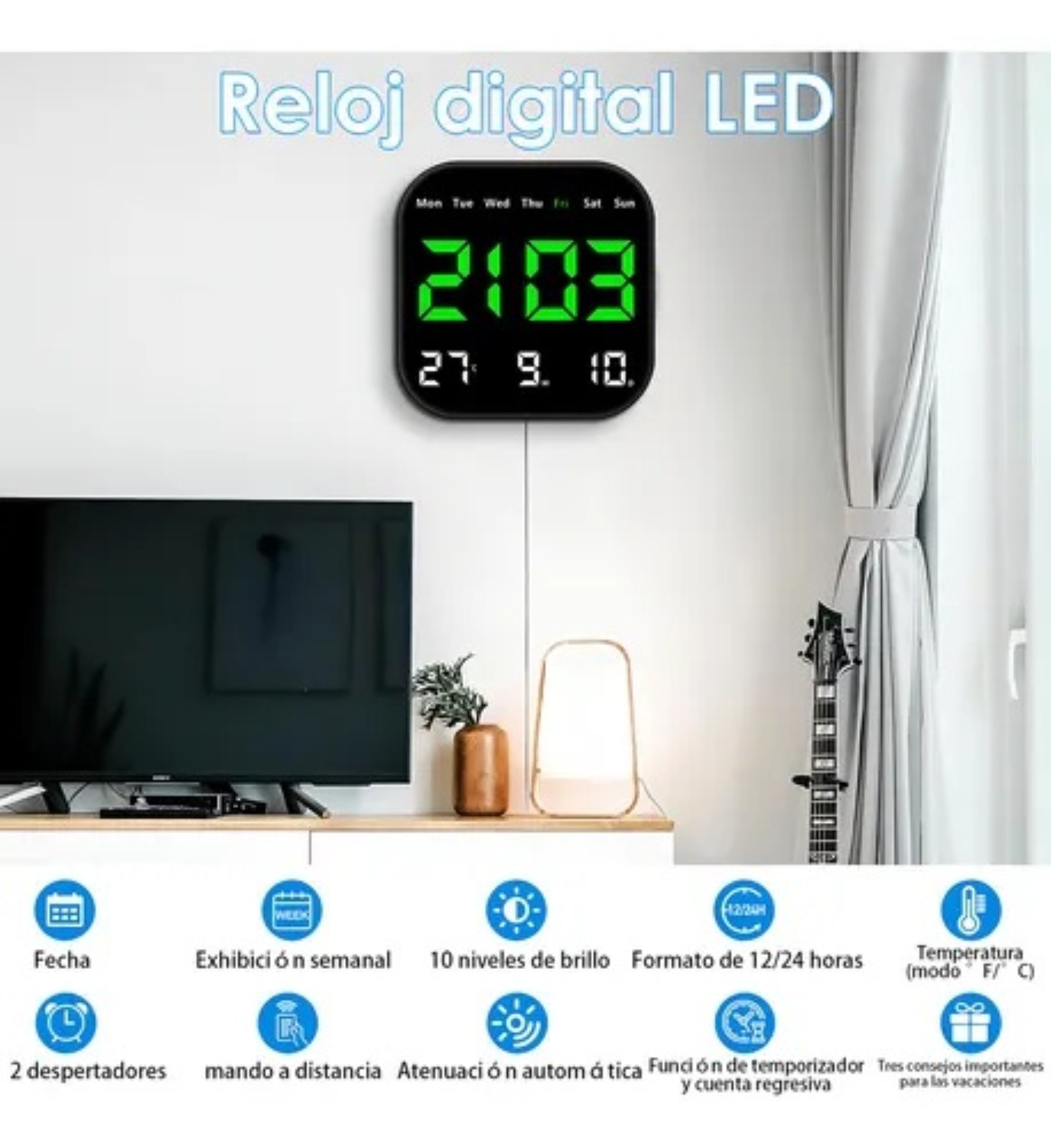 Reloj De Pared Digital Con Fecha Temperatura Semana Alarmas image number null