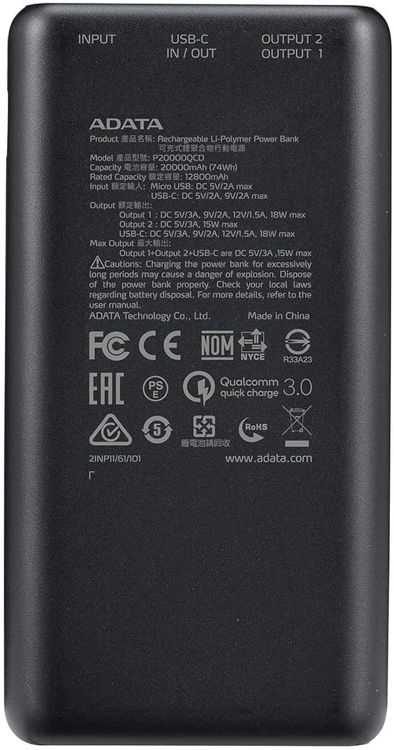 ADATA Powerbank Bater&iacute;a Port&aacute;til Recargable P20000QCD Power Bank de 20,000 mAh (74Wh), Color Negro (AP20000QCD-DGT-CBK), Tecnolog&iacute;as de Carga R&aacute;pida Qualcomm QC 3.0 USB PD 3.0. image number null