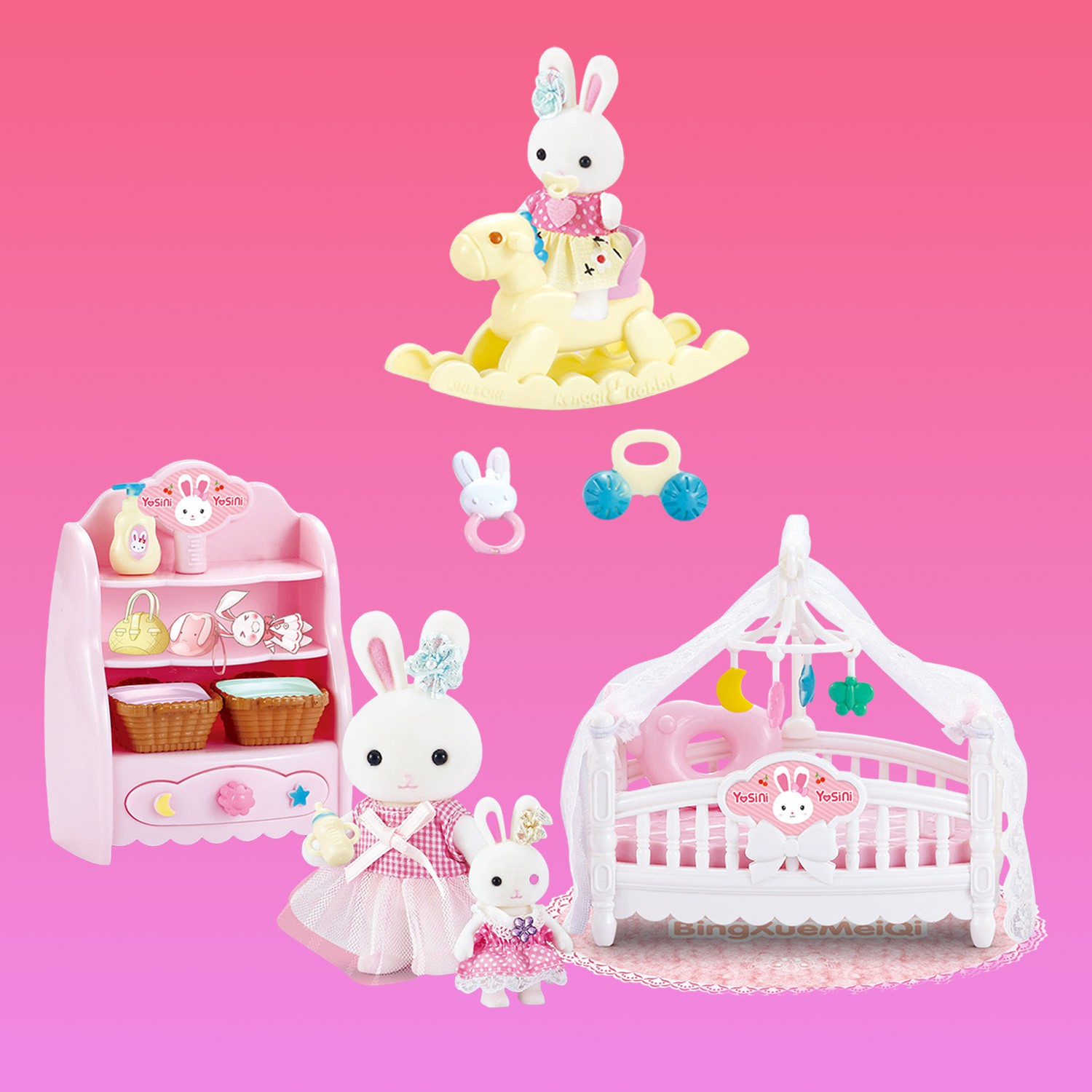 Juguete Casa de Mu&ntilde;ecas Set de Beb&eacute; Conejito con Cuna, Caballito Mecedor, Accesorios y Figuras Incluidas image number null