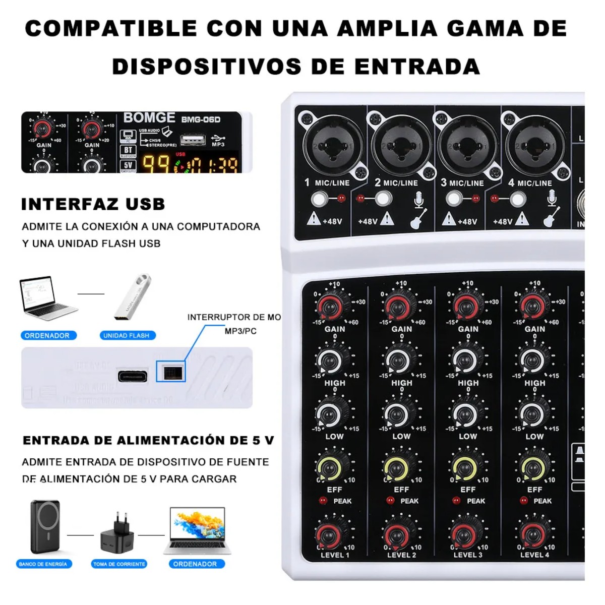 Mezclador Bluetooth Usb Dsp (6 Canales) Blanco image number null