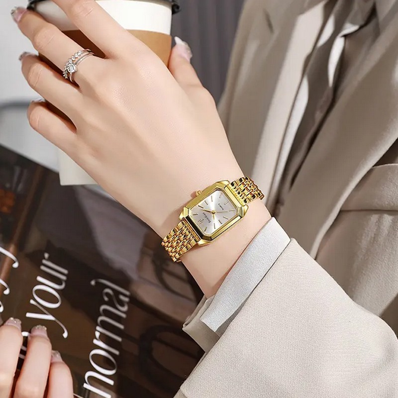 Reloj de Cuarzo para Mujer con Correa y Bisel Dorado Esfera Cuadrada Blanca image number null