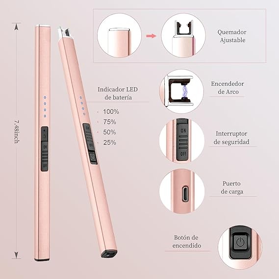 A Yostyle Encendedor Electr&oacute;nico,Encendedor de Velas Sin Llama,Electric Lighter Resistente al Viento&Seguro,Encendedor de Plasma Multiusos para Velas,Cocina&Aire Libre como Barbacoa&Campismo-Oro Rosa. image number null