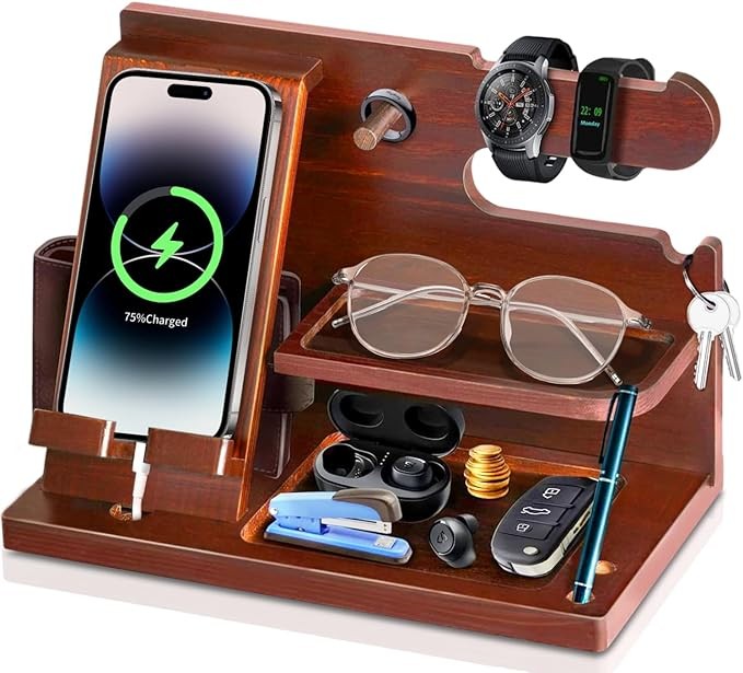 Organizador de Madera para Celular,2024 Nuevo Dise&ntilde;o,Organizador de Escritorio,Anillo,Anteojos,Relojes,Cartera,Accesorios para Hombre,Base de Celular para la Oficina y el Hogar,Regalos para Hombre. image number null