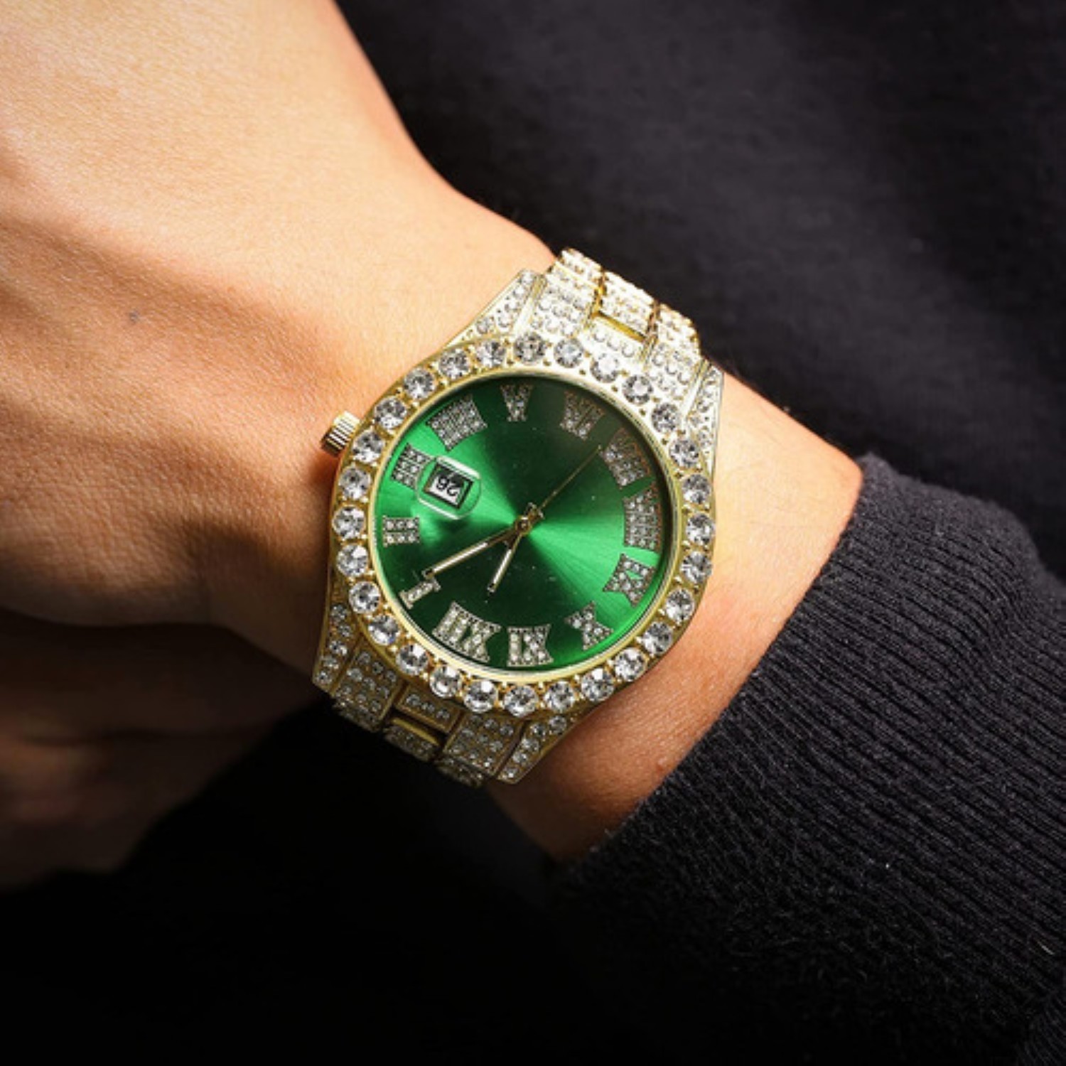 Reloj De Pulsera Unisex Con Diamantes Dorado Verde image number null