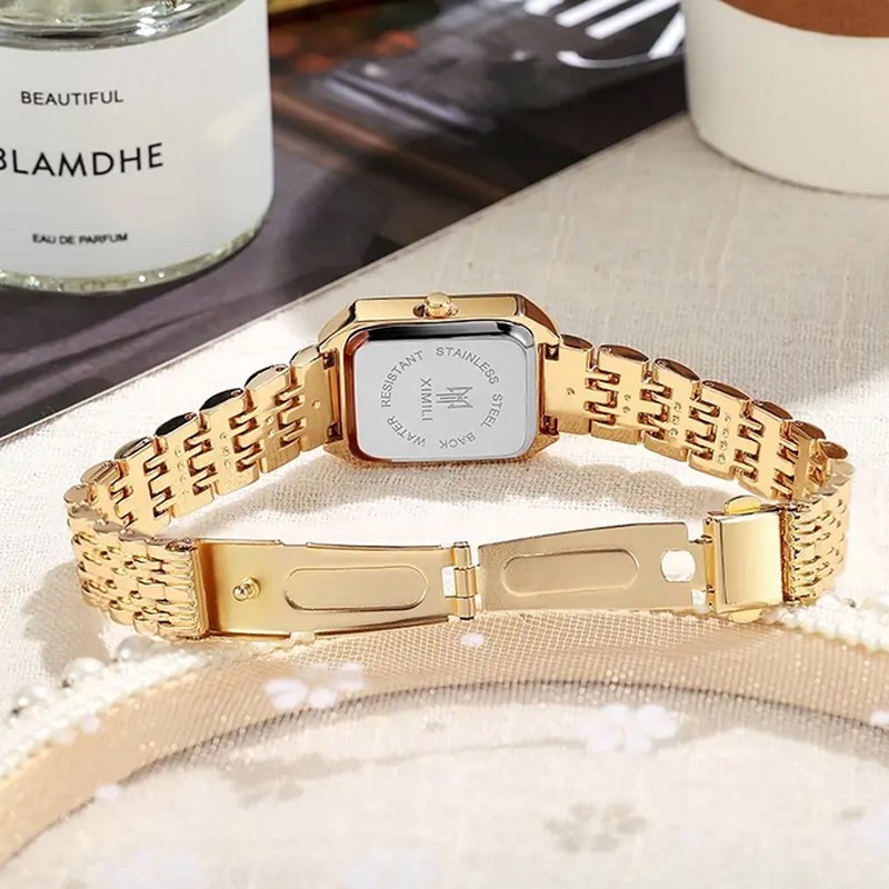 Reloj de Cuarzo para Mujer con Correa y Bisel Dorado Esfera Cuadrada Blanca image number null