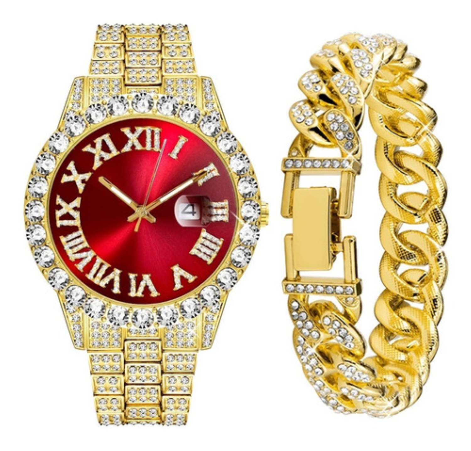 Reloj De Pulsera Unisex Con Diamantes Dorado Rojo image number null