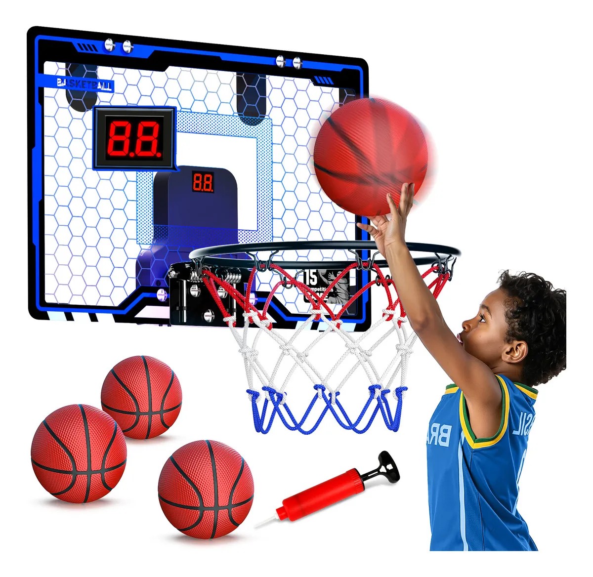 Canasta de Basquetbol Tablero de Baloncesto con Luces Led y 3 Mini Pelotas Color Azul para Ni&ntilde;os image number null