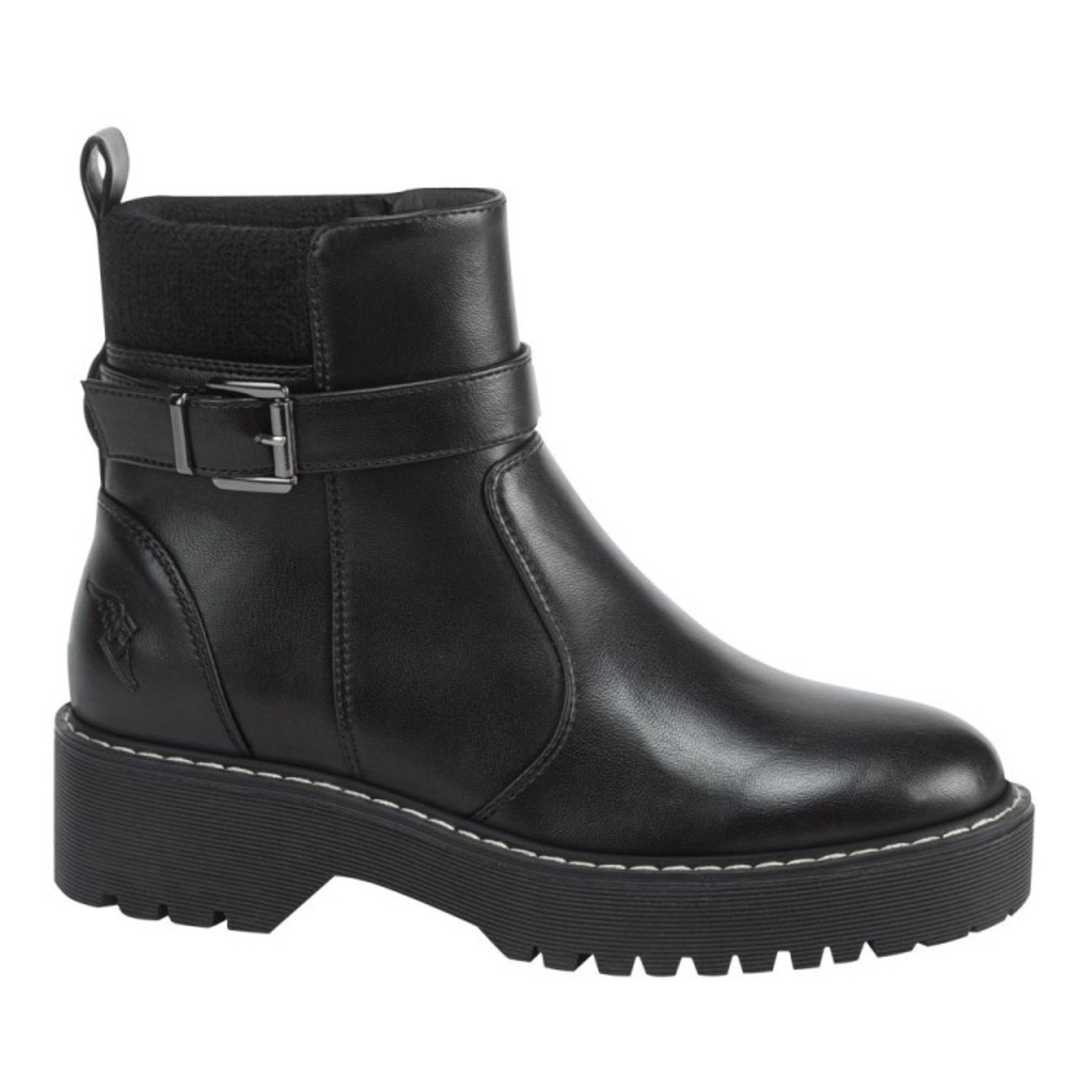 Bota de mujer, corta, con hebilla, acabado ante, con suela track, color negro, mod. 1224174 image number null
