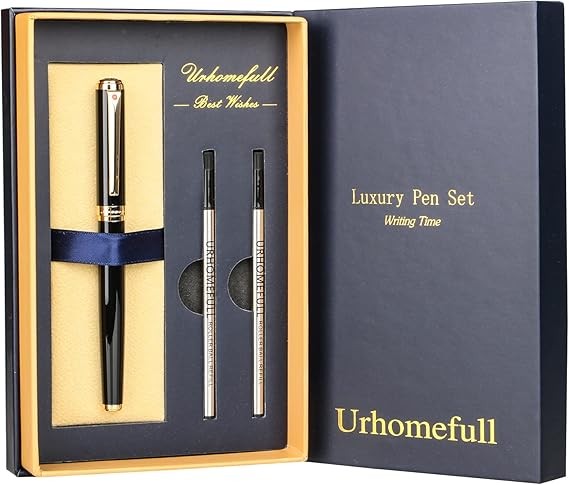 A Urhomefull Impresionante bol&iacute;grafo de lujo con ribete de oro de 24 quilates, punta de Suiza con recambios de tinta negra, juego de regalo perfecto para hombres y mujeres, juego de escritura elegante para negocios, negro brillante. image number null