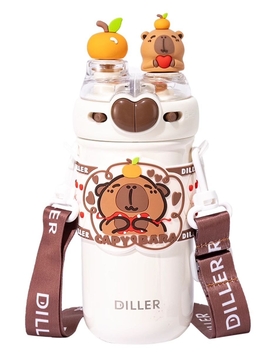 Termo de Capibara | Botella de Agua de Acero Inoxidable 520 ml | Accesorios decorativos 3D Capybara, Stickers y Correa image number null