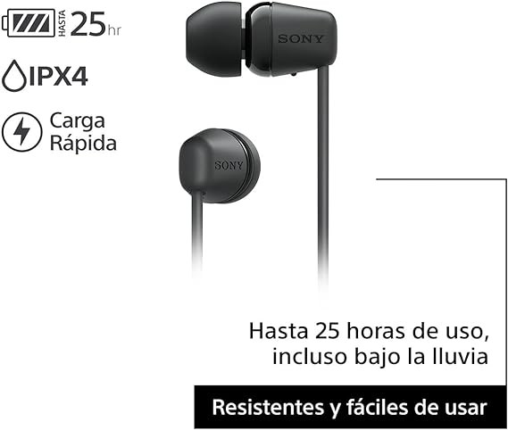 Sony WI-C100 - Aud&iacute;fonos inal&aacute;mbricos intraauriculares con Banda para el Cuello y micr&oacute;fono para Llamadas con Manos Libres, Negro, WIC100/B (Versi&oacute;n Nacional). image number null