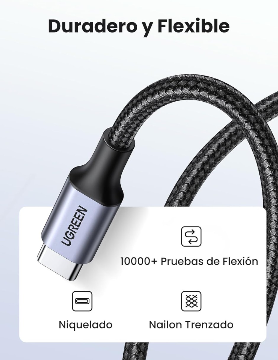Cable USB-C a Tipo C 60W Ugreen Reversible con Nyl&oacute;n de 2m Negro. image number null
