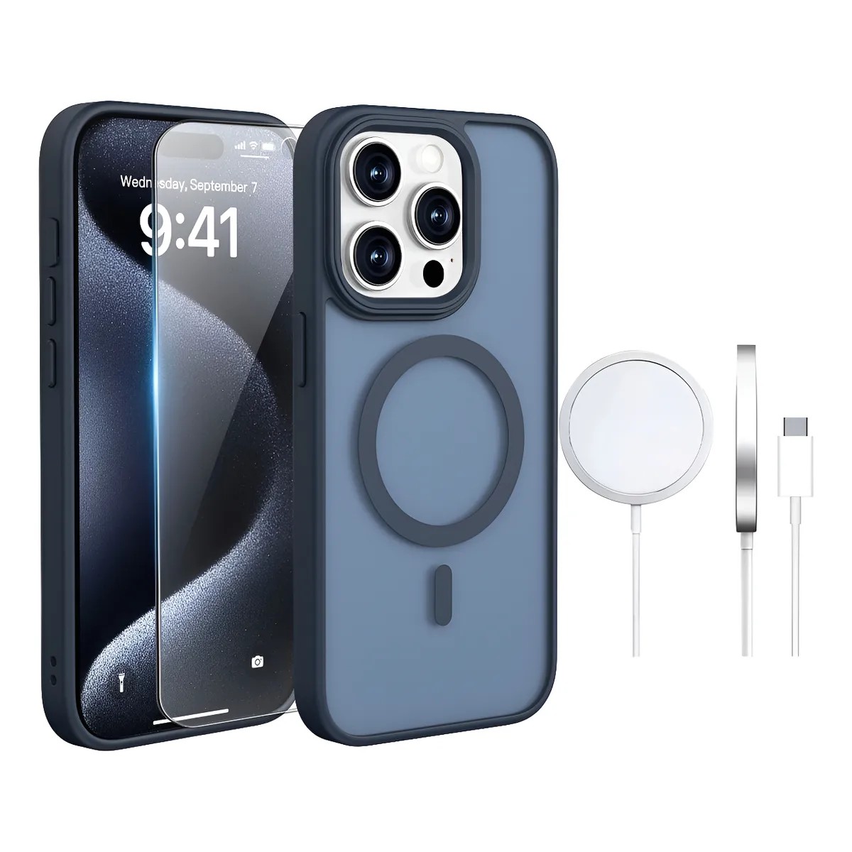 Funda Para iPhone 13 Mini+ Cargador Inal&aacute;mbrico 15w + Mica De Vidrio Templado Azul image number null