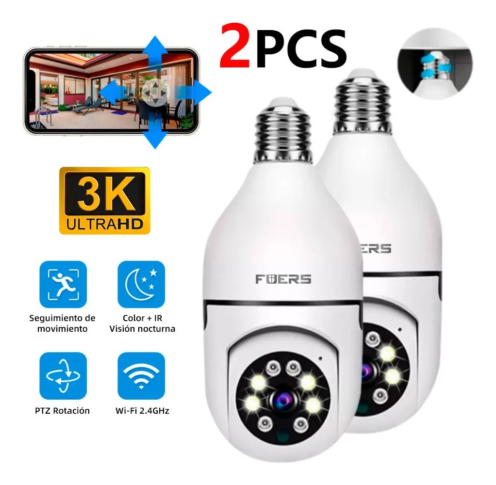 Camara de Seguridad Wifi Super HD 3MP 1080P Conexion E27 Foco 360&ordm; Vision Nocturna 2 pz image number null