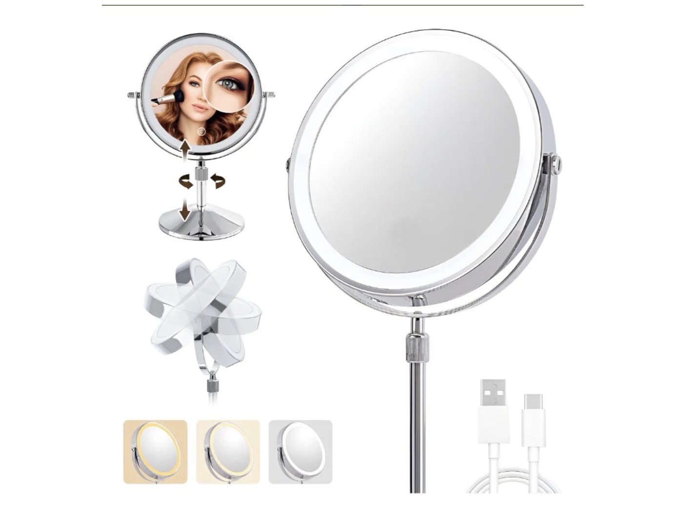Espejo Maquillaje Doble Aumento Espejos Con Luz Touch 3 Modos Espejo Recargable Por Usb Modelo Blanco image number null