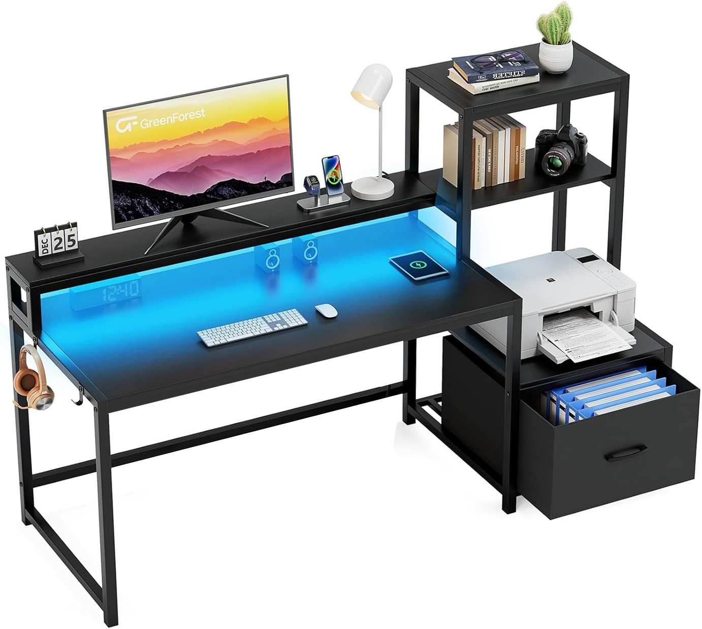 Escritorio Organizador con Estanter&iacute;a Lateral, Caj&oacute;n y Base Met&aacute;lica Negra &ndash; Bossa Zeni image number null