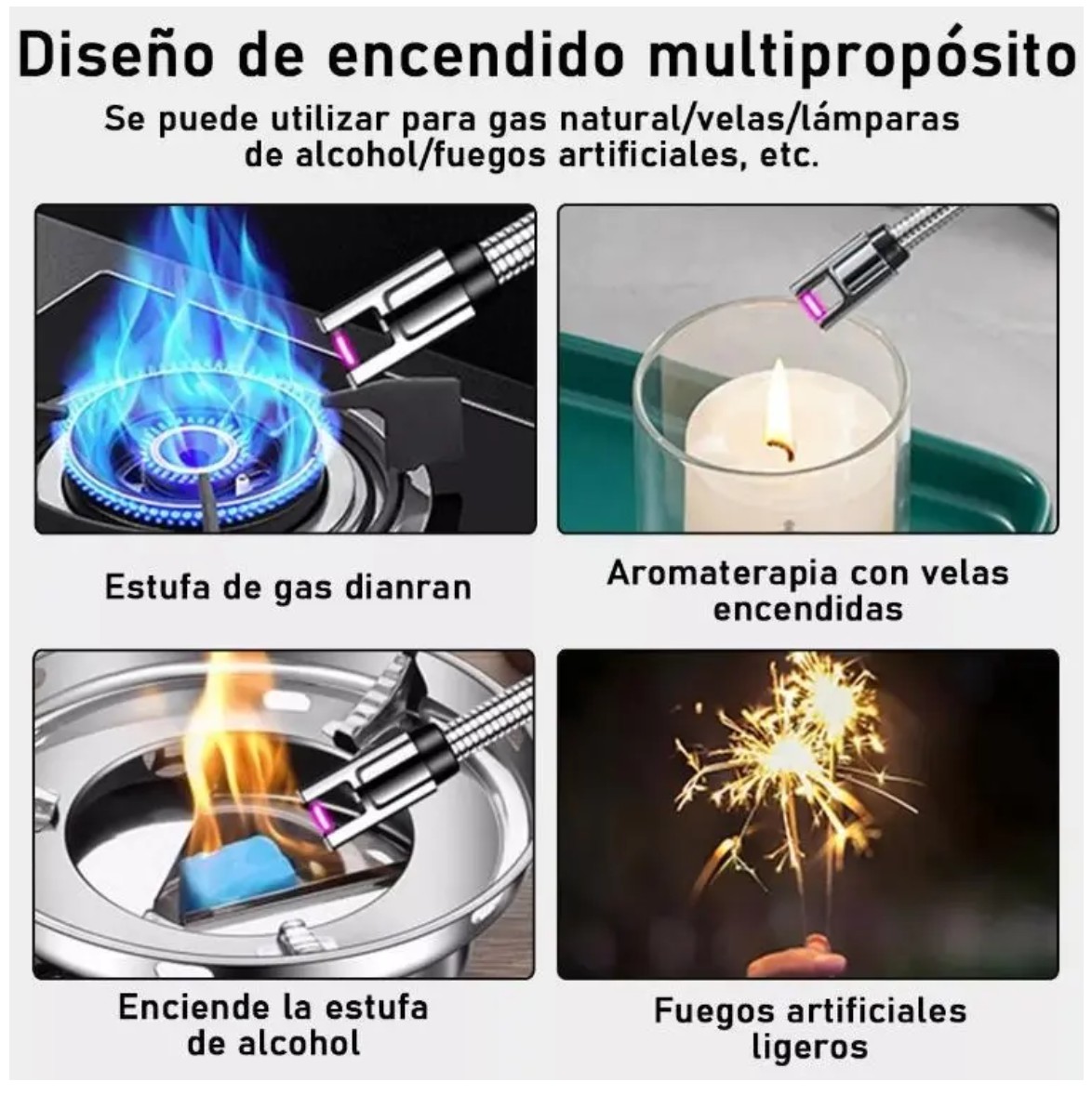 Encendedor El&eacute;ctrico Port&aacute;til Recargable De Cocina USB 2 Piezas Plateado image number null