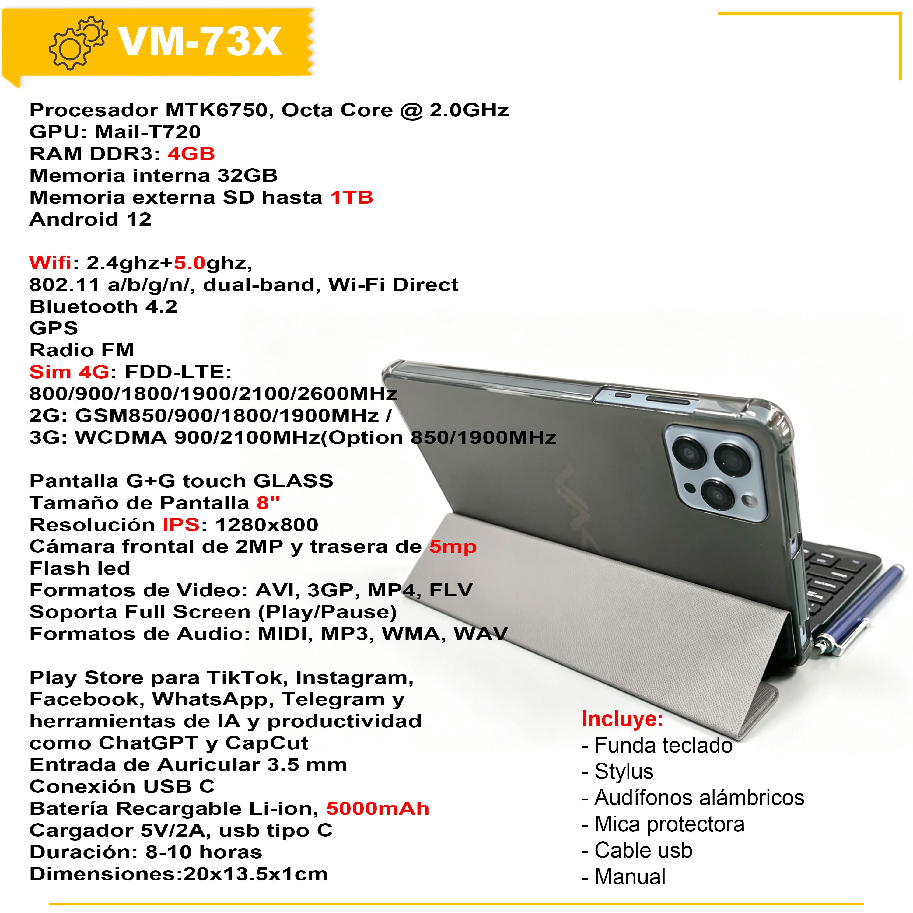 Vak Tablet 73x 8' Hd 8 Core Teclado 2 Camaras Android Wifi -Azul image number null