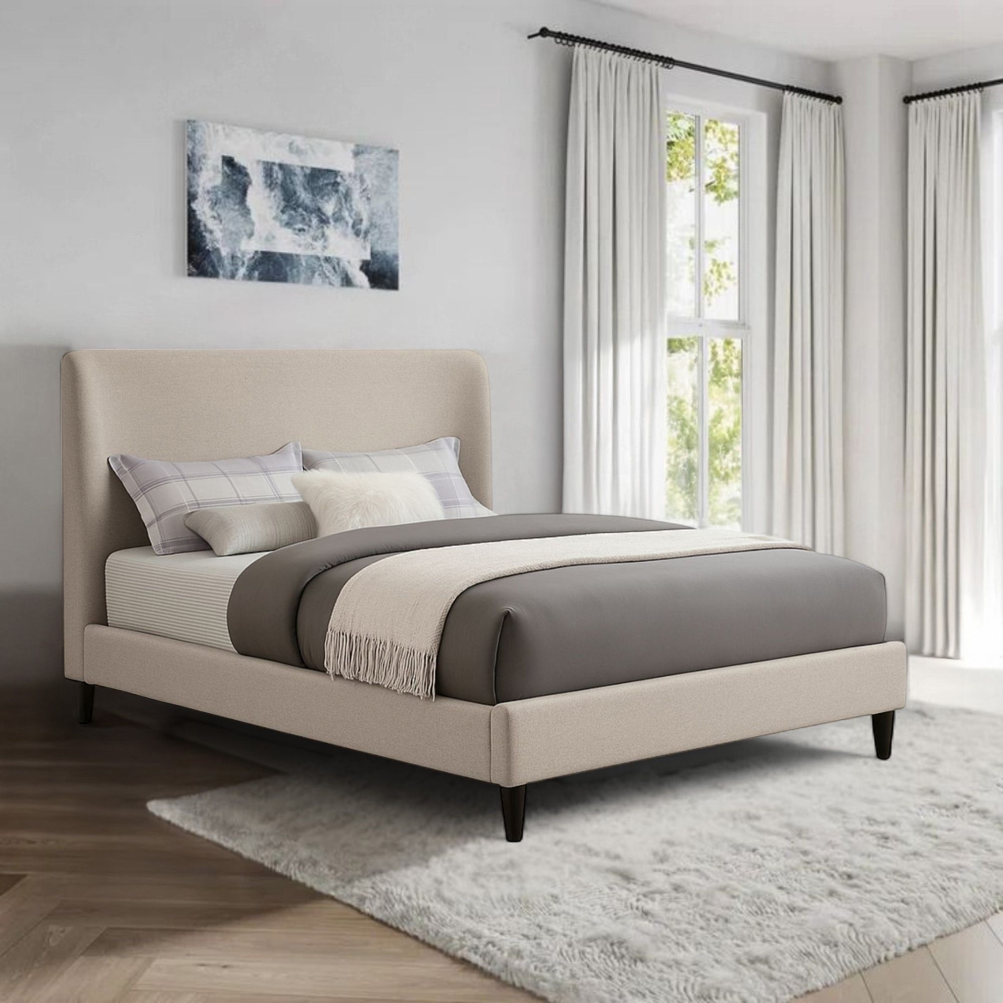 Ilios Innova | Cama Matrimonial Beige con Cabecera Tapizada en Lino y Poli&eacute;ster | Estructura de Madera Resistente image number null