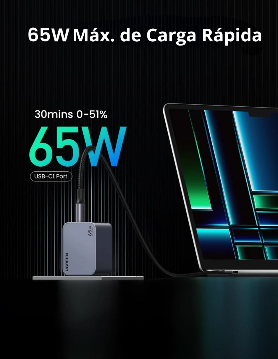 Cargador Ugreen Nexode Pro 2 Usb-C, 1 Usb-A 65W de Carga R&aacute;pida image number null