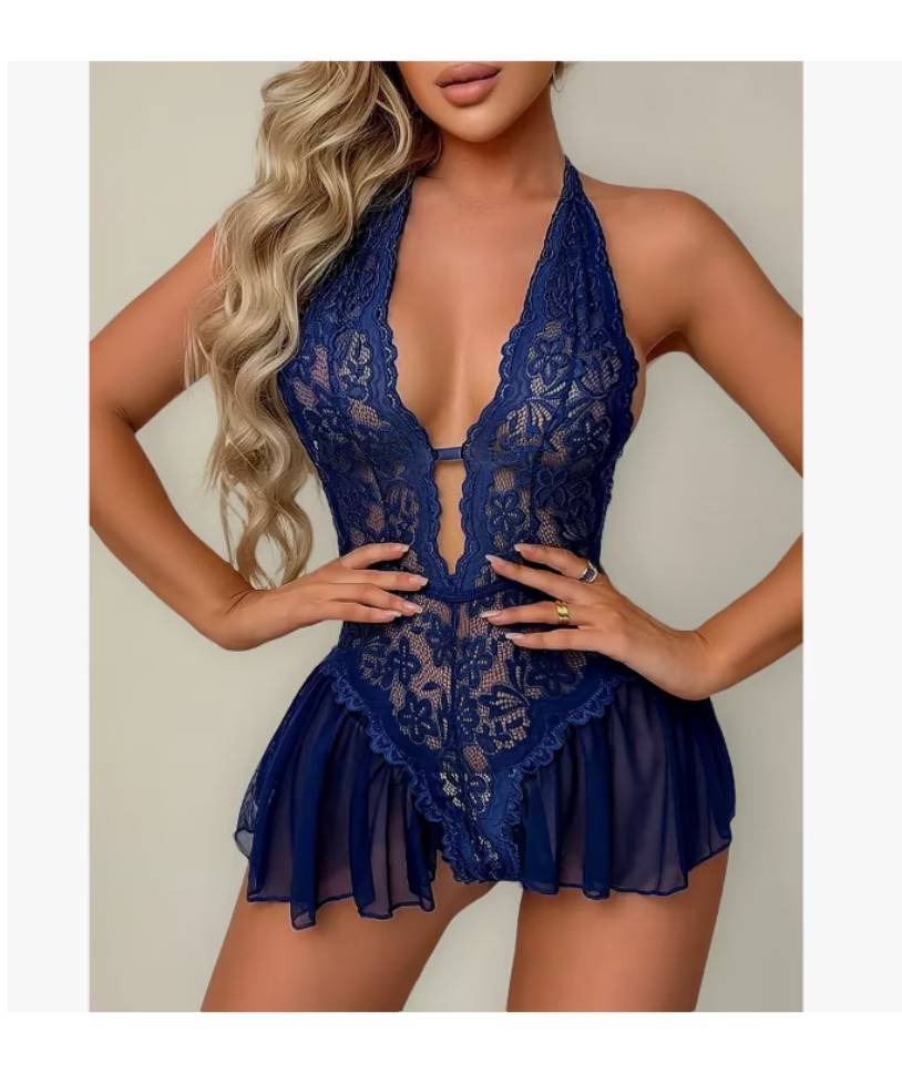 Lencer&iacute;a Er&oacute;tica Sexy 1pieza Encaje Lenceria Mujer Baby Doll color azul talla AZUL S image number null