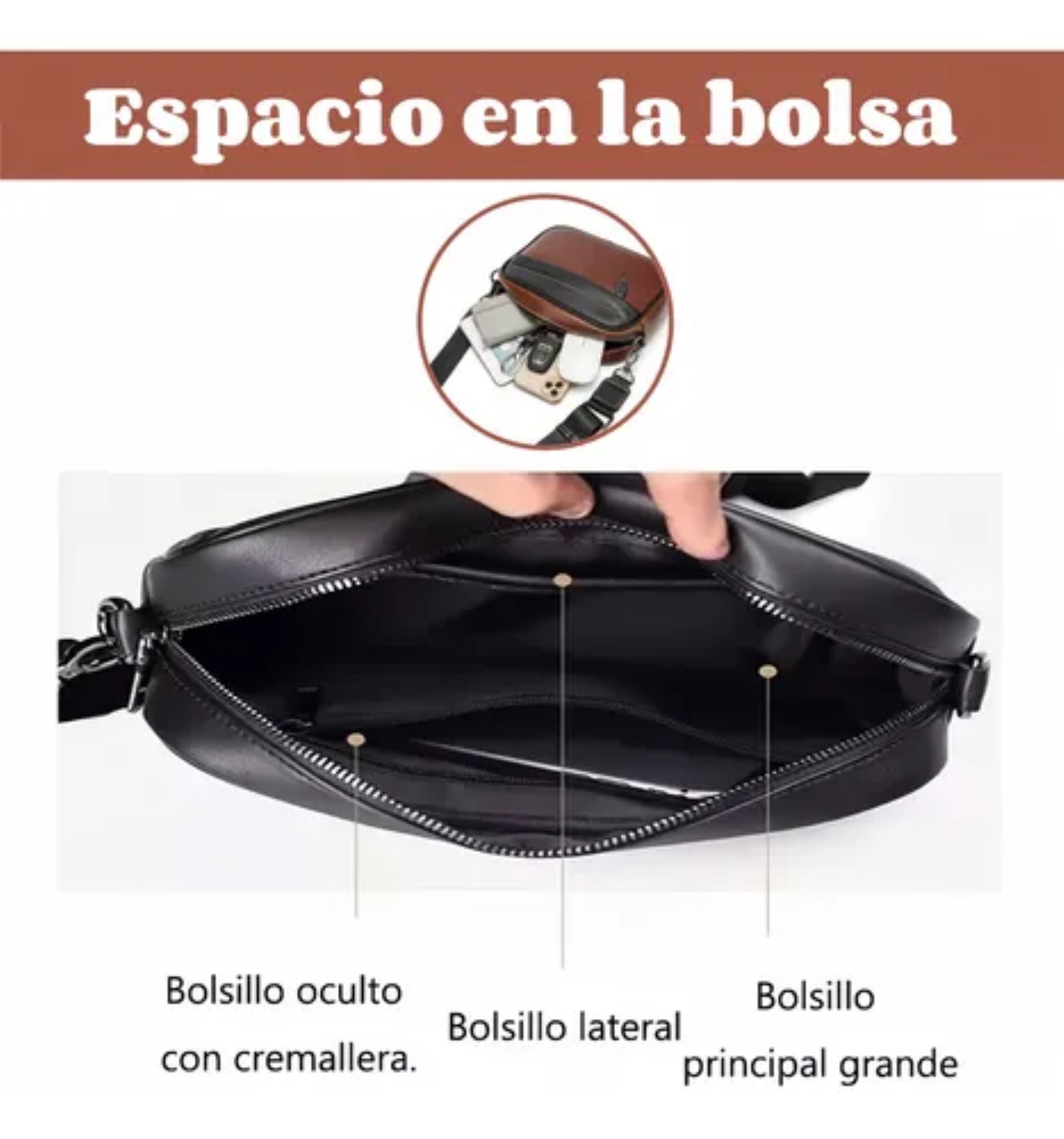 Bandoleras Tactica Bolsa De Piel Hombre Crossbody Y Cartera Marron con Negro image number null