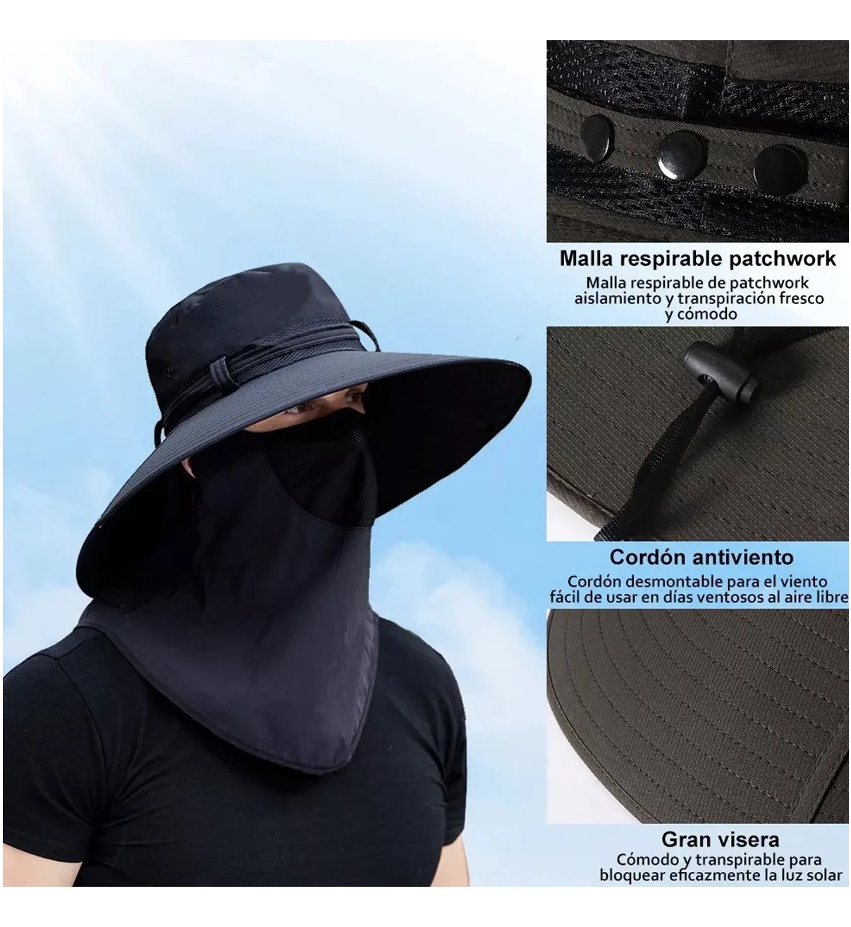 Sombrero Para El Sol Y Con Guardapolvo Para Cuello Y La Cara Negro Malubero image number null