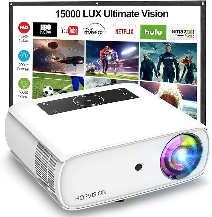 HOPVISION Proyector Native 1080P Full HD, Proyector de pel&iacute;cula de 15,000 Lux con 150,000 Horas de Vida LED, 4K & 350 pulgadas compatible Proyector, para el SmartPhone/PC/Laptop/PS4/TV Stick/EXCEL/PPT. image number null
