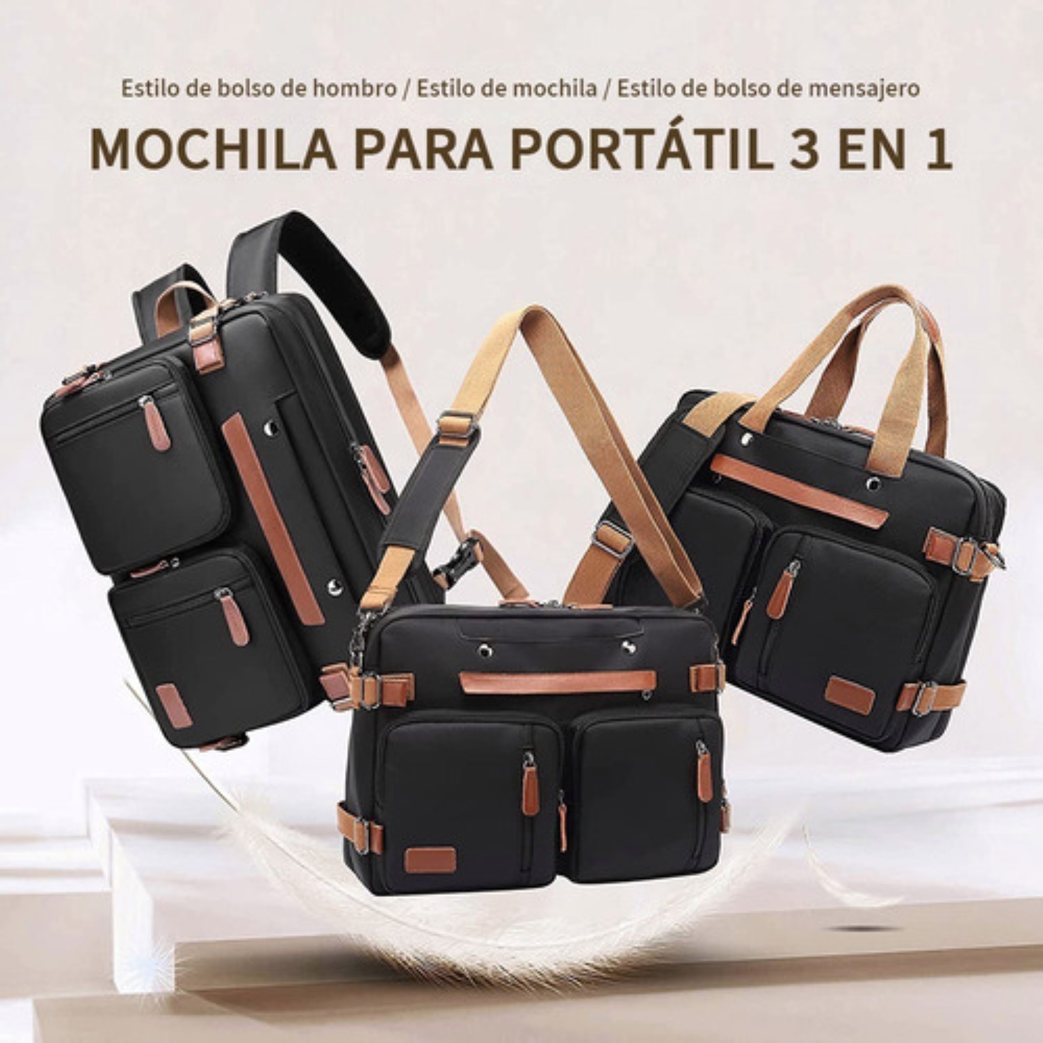 Mochila Malet&iacute;n Bolso Mensajero 3 En 1 Para Laptop De 17.3in NEGRA CON CAFE image number null