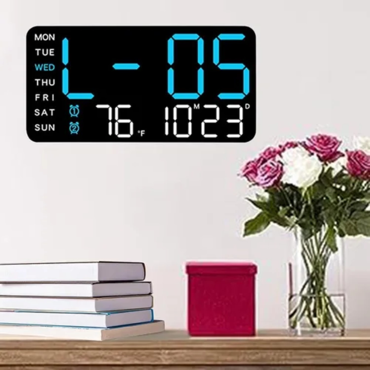 Reloj De Pared Digital Con Alarmas Y Calendario,term&oacute;metro negro azul image number null